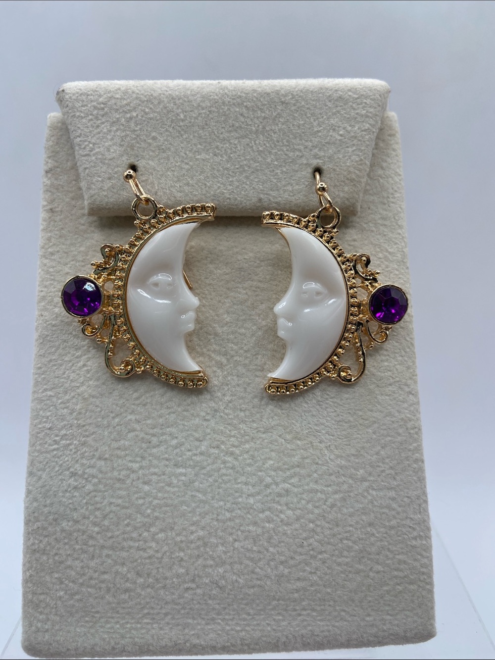 Over The Moon Gold Tone Crescent Moon Earrings Boho Celestial White Purple